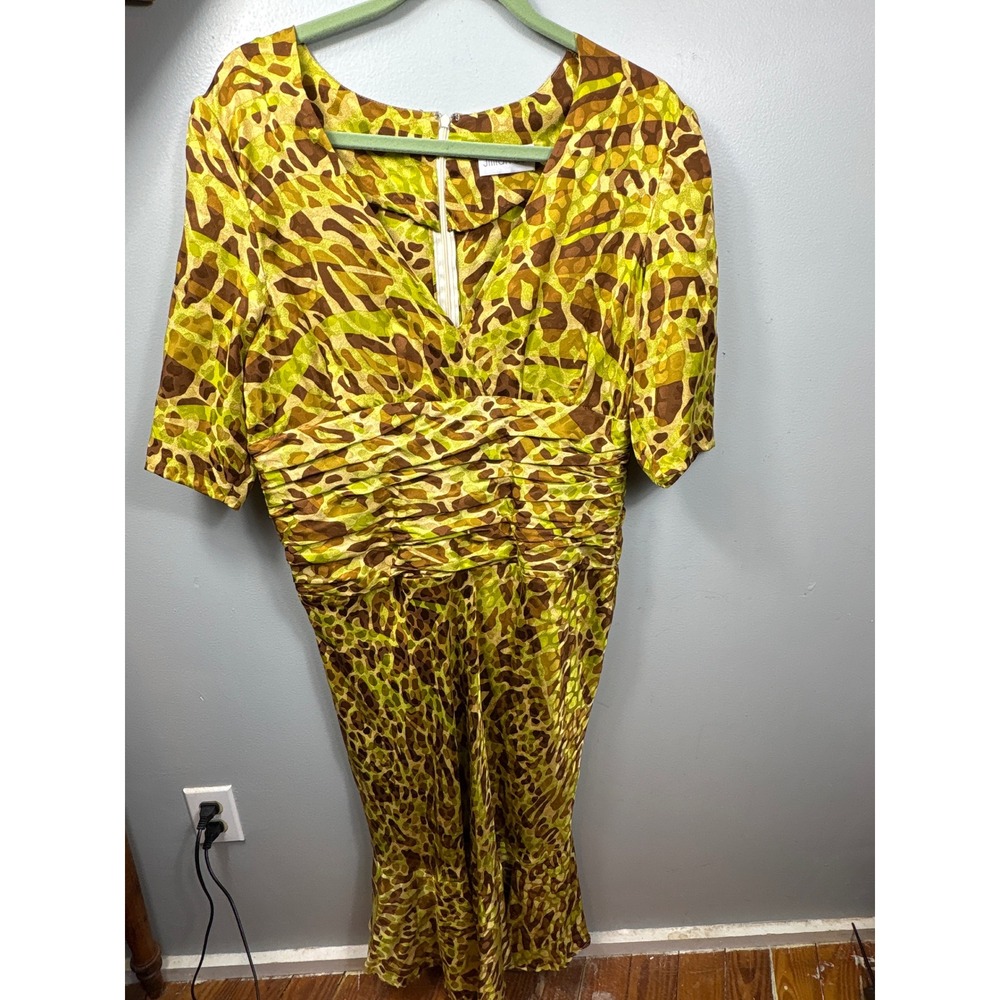 Jillian Bos Animal Print Midi Dress XS Green Ruched V Neck READ